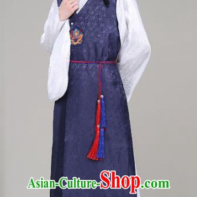 Asian Korean Court Emperor Costumes Navy Robe Traditional Korean Hanbok Clothing for Men