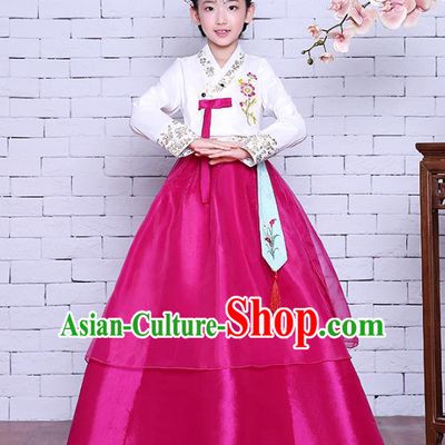 Asian Korean Dance Costumes Traditional Korean Children Hanbok Clothing White Blouse and Rosy Dress for Kids