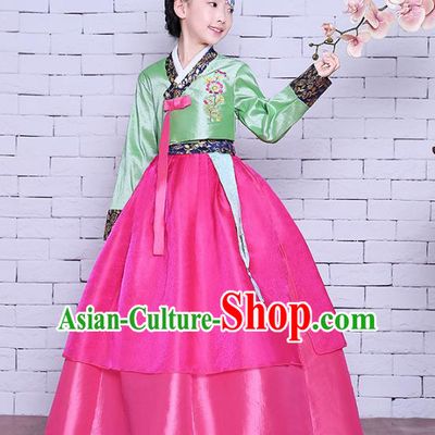 Asian Korean Dance Costumes Traditional Korean Children Hanbok Clothing Green Blouse and Rosy Dress for Kids