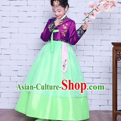 Asian Korean Dance Costumes Traditional Korean Children Hanbok Clothing Purple Blouse and Green Dress for Kids