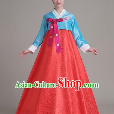 Asian Korean Court Costumes Traditional Korean Hanbok Clothing Blue Blouse and Red Dress for Women