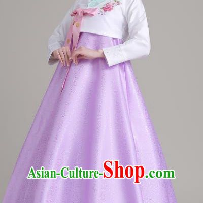 Asian Korean Court Costumes Traditional Korean Hanbok Clothing White Blouse and Lilac Dress for Women
