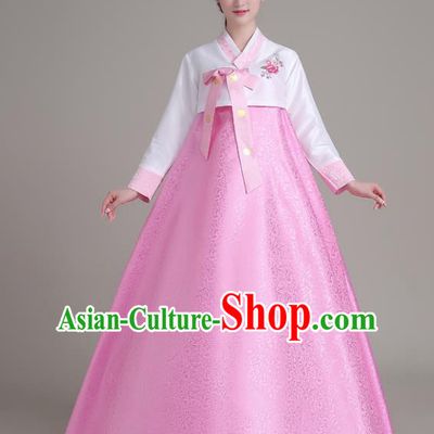 Asian Korean Court Costumes Traditional Korean Hanbok Clothing White Blouse and Pink Dress for Women