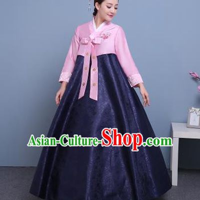 Asian Korean Court Costumes Traditional Korean Hanbok Clothing Pink Blouse and Navy Dress for Women