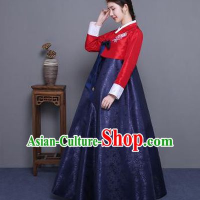 Asian Korean Court Costumes Traditional Korean Hanbok Clothing Red Blouse and Navy Dress for Women