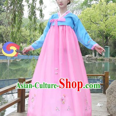 Asian Korean Court Costumes Traditional Korean Bride Hanbok Clothing Blue Blouse and Pink Dress for Women