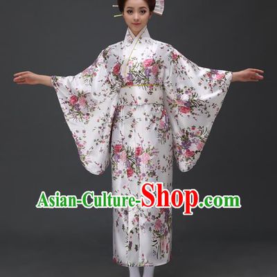 Asian Japanese Traditional Costumes Japan Printing Satin Furisode Kimono Yukata Dress Clothing for Women