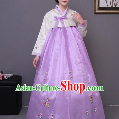 Asian Korean Court Costumes Traditional Korean Bride Hanbok Clothing White Blouse and Purple Dress for Women