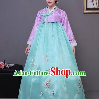 Asian Korean Court Costumes Traditional Korean Bride Hanbok Clothing Purple Blouse and Green Dress for Women
