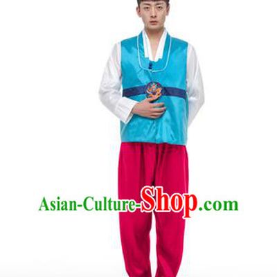 Asian Korean Palace Costumes Traditional Korean Bridegroom Blue Hanbok Clothing for Men