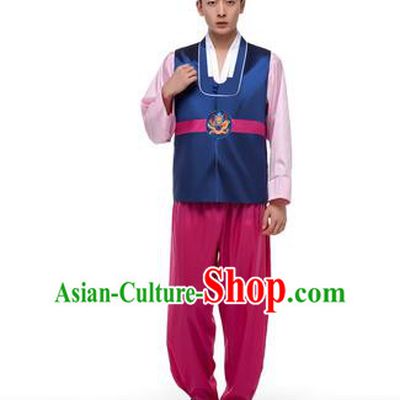 Asian Korean Palace Costumes Traditional Korean Bridegroom Navy Hanbok Clothing for Men