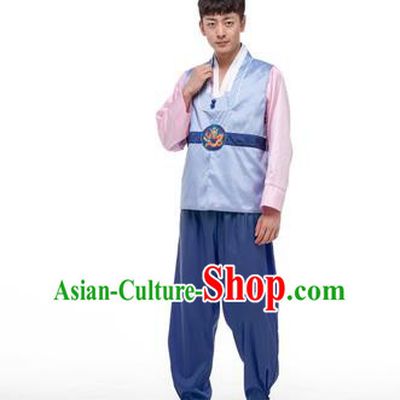 Asian Korean Palace Costumes Traditional Korean Bridegroom Light Blue Hanbok Clothing for Men
