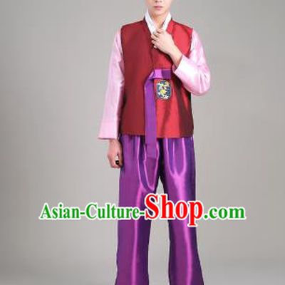Asian Korean Palace Costumes Traditional Korean Bridegroom Wine Red Hanbok Clothing for Men