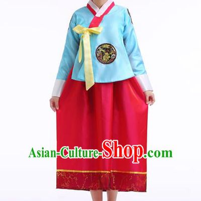 Asian Korean Palace Costumes Traditional Korean Bride Hanbok Clothing Blue Blouse and Red Dress for Women
