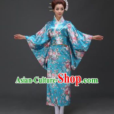 Asian Japanese Traditional Costumes Japan Printing Flowers Blue Satin Furisode Kimono Yukata Dress Clothing for Women