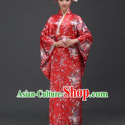 Asian Japanese Traditional Costumes Japan Printing Red Satin Furisode Kimono Yukata Dress Clothing for Women