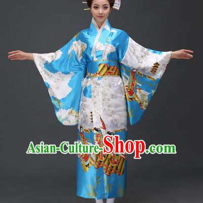 Asian Japanese Traditional Costumes Japan Printing Blue Satin Furisode Kimono Yukata Dress Clothing for Women