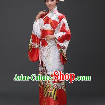 Asian Japanese Traditional Costumes Japan Printing Red Satin Furisode Kimono Yukata Dress Clothing for Women