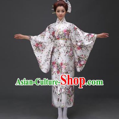 Asian Japanese Traditional Costumes Japan Printing Flowers White Satin Furisode Kimono Yukata Dress Clothing for Women