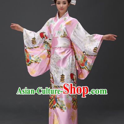 Asian Japanese Traditional Costumes Japan Printing Pink Satin Furisode Kimono Yukata Dress Clothing for Women