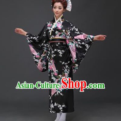Asian Japanese Traditional Costumes Japan Printing Flowers Black Satin Furisode Kimono Yukata Dress Clothing for Women