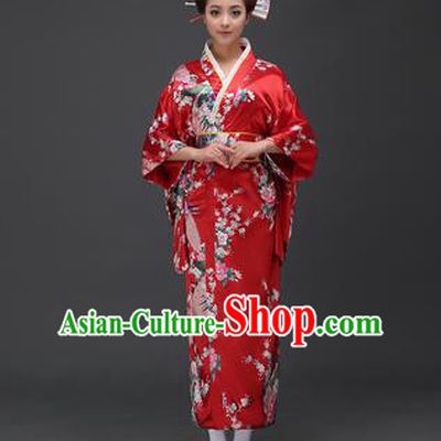 Asian Japanese Traditional Costumes Japan Printing Flowers Red Satin Furisode Kimono Yukata Dress Clothing for Women