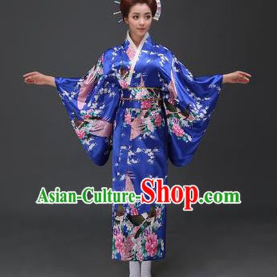Asian Japanese Traditional Costumes Japan Printing Peacock Peony Blue Satin Furisode Kimono Yukata Dress Clothing for Women