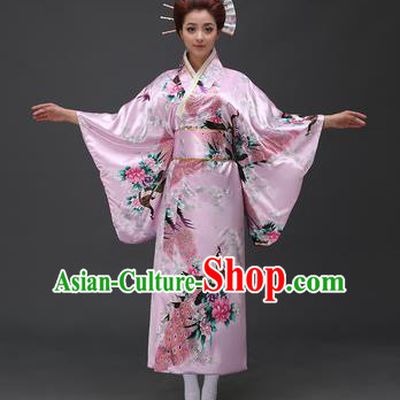 Asian Japanese Traditional Costumes Japan Printing Peacock Peony Pink Satin Furisode Kimono Yukata Dress Clothing for Women