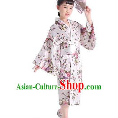 Asian Japanese Traditional Costumes Japan Printing Satin Furisode Kimono Yukata White Dress Clothing for Kids