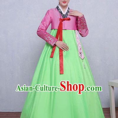 Asian Korean Dance Costumes Traditional Korean Dress Hanbok Clothing Pink Blouse and Green Skirt for Women