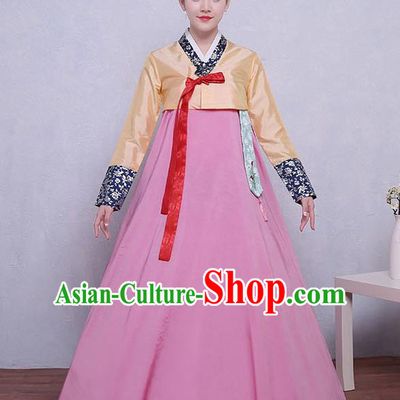 Asian Korean Dance Costumes Traditional Korean Dress Hanbok Clothing Yellow Blouse and Pink Skirt for Women
