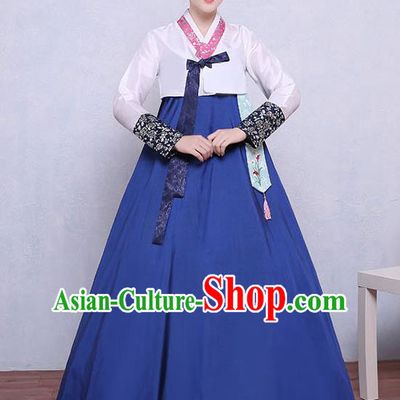 Asian Korean Dance Costumes Traditional Korean Dress Hanbok Clothing White Blouse and Blue Skirt for Women
