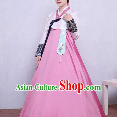 Asian Korean Dance Costumes Traditional Korean Dress Hanbok Clothing White Blouse and Pink Skirt for Women