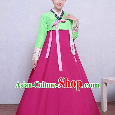 Asian Korean Dance Costumes Traditional Korean Dress Hanbok Clothing Green Blouse and Rosy Skirt for Women
