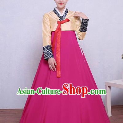 Asian Korean Dance Costumes Traditional Korean Dress Hanbok Clothing Yellow Blouse and Rosy Skirt for Women