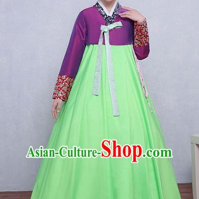 Asian Korean Dance Costumes Traditional Korean Dress Hanbok Clothing Purple Blouse and Green Skirt for Women