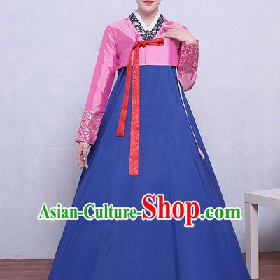 Asian Korean Dance Costumes Traditional Korean Dress Hanbok Clothing Pink Blouse and Blue Skirt for Women