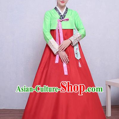 Asian Korean Dance Costumes Traditional Korean Dress Hanbok Clothing Green Blouse and Red Skirt for Women