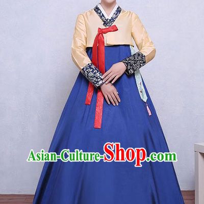 Asian Korean Dance Costumes Traditional Korean Dress Hanbok Clothing Yellow Blouse and Navy Skirt for Women