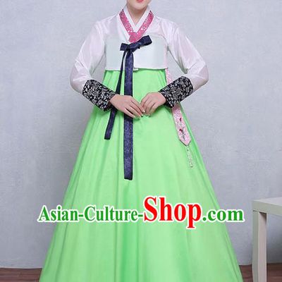 Asian Korean Dance Costumes Traditional Korean Hanbok Clothing White Blouse and Green Dress for Women