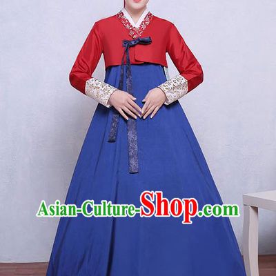 Asian Korean Dance Costumes Traditional Korean Dress Hanbok Clothing Red Blouse and Navy Skirt for Women