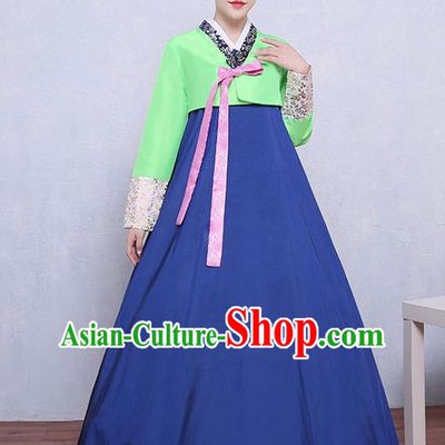 Asian Korean Dance Costumes Traditional Korean Hanbok Clothing Green Blouse and Navy Dress for Women