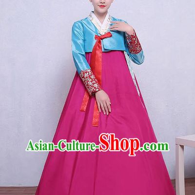 Asian Korean Dance Costumes Traditional Korean Hanbok Clothing Blue Blouse and Rosy Dress for Women