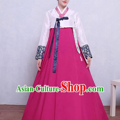 Asian Korean Dance Costumes Traditional Korean Hanbok Clothing White Blouse and Rosy Dress for Women