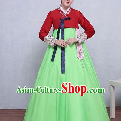 Asian Korean Dance Costumes Traditional Korean Hanbok Clothing Red Blouse and Green Dress for Women