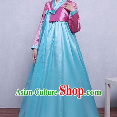 Asian Korean Dance Costumes Traditional Korean Hanbok Clothing Pink Blouse and Blue Dress for Women