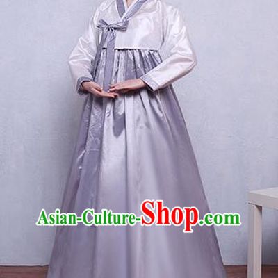 Asian Korean Dance Costumes Traditional Korean Hanbok Clothing White Blouse and Grey Dress for Women