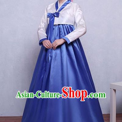 Asian Korean Dance Costumes Traditional Korean Hanbok Clothing White Blouse and Blue Dress for Women