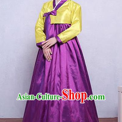 Asian Korean Dance Costumes Traditional Korean Hanbok Clothing Yellow Blouse and Purple Dress for Women