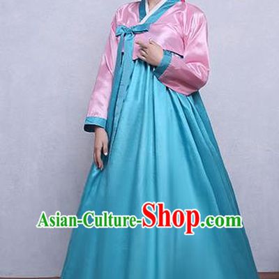 Asian Korean Dance Costumes Traditional Korean Hanbok Clothing Pink Blouse and Blue Dress for Women